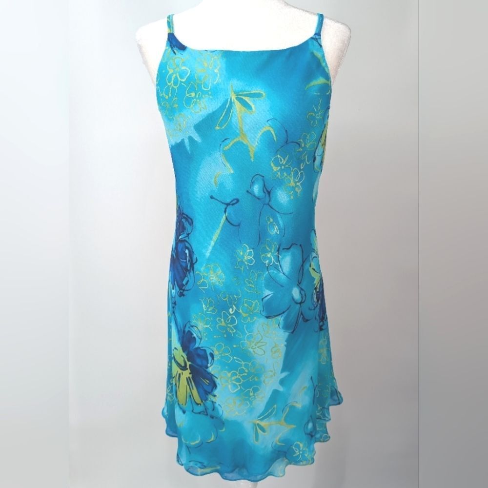 Vintage Y2K Jones Wear Dress Blue Green Floral Ruffle Hem Sleeveless Dress 14
